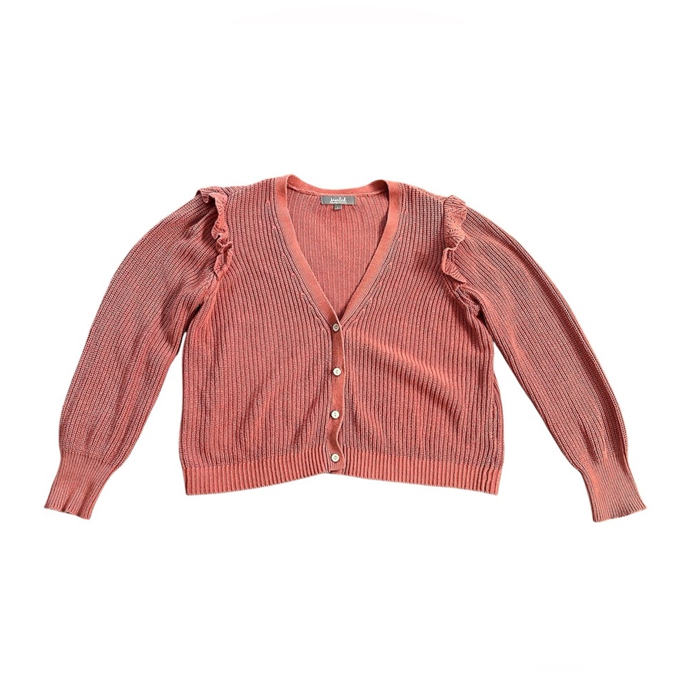 Ruffle Knit Cotton Blend Coral V-Neck Relaxed Fit Cardigan Sweater Marled Size L